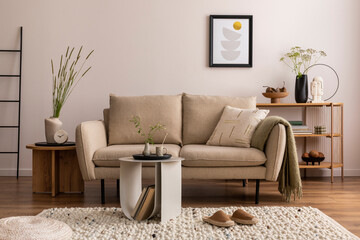 Domestic and cozy interior of living room with beige sofa, plants, shelf, coffee table, boucle rug,...
