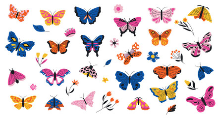 Fototapeta premium Butterflies and flowers. Exotic moths and tropical plants, decorative vibrant collection of spring colorful flying winged insects and leaves. Vector vivid set