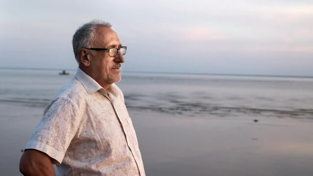 Happy grandfather 70s tourist admiring nature sea landscape sky horizon enjoy summer travel vacation