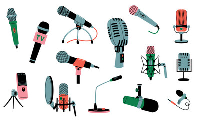 Microphones collection. Music recording radio broadcast equipment, cartoon mic technology for karaoke, studio sound, concert, podcast interview. Vector set - obrazy, fototapety, plakaty