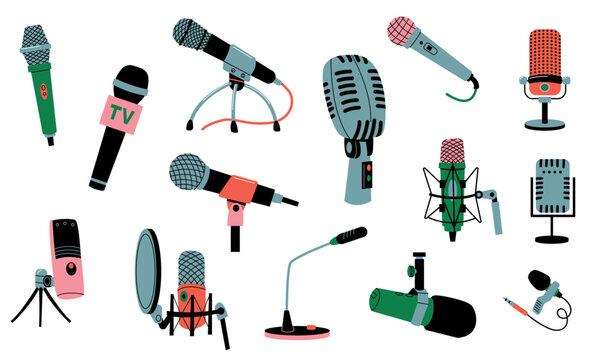 Microphones collection. Music recording radio broadcast equipment, cartoon mic technology for karaoke, studio sound, concert, podcast interview. Vector set