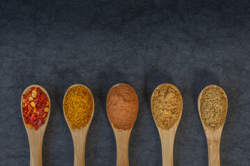 Spices on wooden spoons on dark background with free space