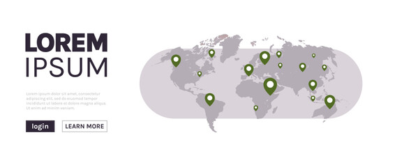 World map worlds pins and travel concept flat vector illustration.