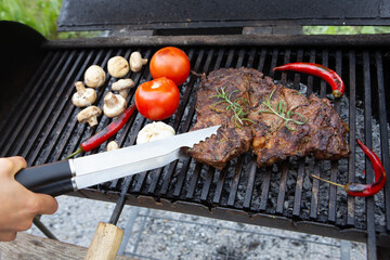Beef steaks cooking on the charcoal grill with chili pepper, tomatoes, garlic and mushrooms for bbq sauce. - 529219460