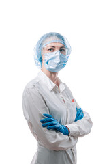 female doctor in medical mask on the face and gloves on a white background - 529219496