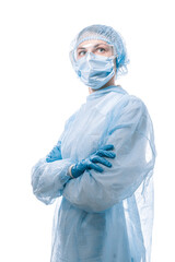female doctor in medical mask on the face and gloves on a white background - 529219889