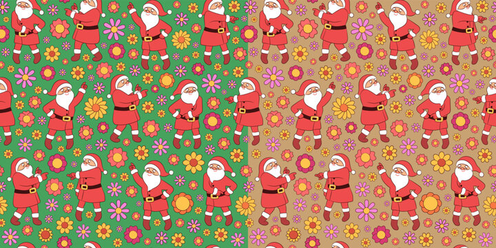 Groovy retro Christmas seamless pattern dancing Santa Claus. Funny character cartoon Santa dance disco. 70s years retro style with cute flowers repeat design. Christmas wrapping paper, textile print.