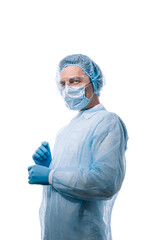 male doctor in a medical mask on his face and gloves on a white background - 529220036