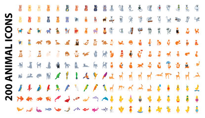 Fototapeta na wymiar 200 animal icons set. Cartoon illustration of 100 animal icons vector set isolated on white background