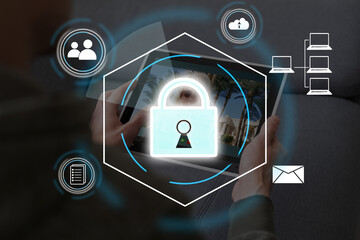 Digital padlock icon, cyber security network and data protection technology on virtual interface screen. Online internet authorized access against cyber attack.and business data privacy concept.