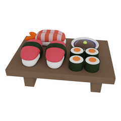 3D illustration set of sushi and roll on a wooden table. 3D rendering of a cartoon Japanese food.