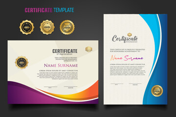 Modern certificate template with dynamic colorful waving shape on ornament pattern background, diploma. Vector illustration.