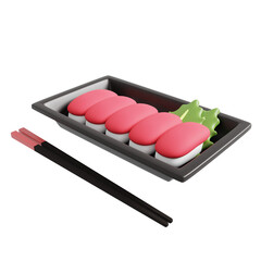 3D illustration of Tuna sushi set in plastic box. 3D rendering of a cartoon Japanese food.