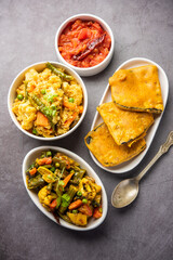 Bengali Bhog food for Indian Hindu Durga Puja or pooja festival. Khichadi, labra, tomato chutney