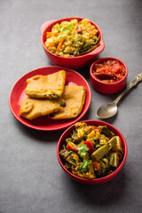 Bengali Bhog food for Indian Hindu Durga Puja or pooja festival. Khichadi, labra, tomato chutney