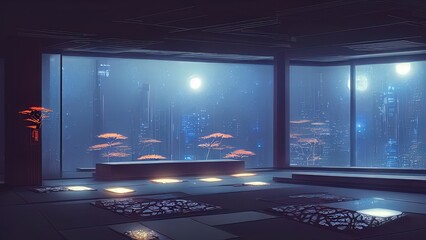 Futuristic and sci-fi dark room interior design with neon light in Japanese traditional motifs. Japanese landscape behind a large window in a dark room. Sakura, moon, city, movement. 3D illustration.