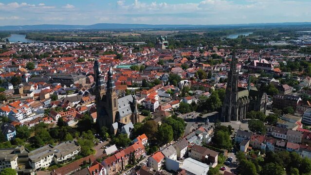 Aerial panorama view around the old town of the city Speyer in Germany on a sunny summer day