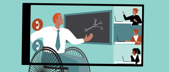 Inclusive teacher with disability lectures online, flat vector stock illustration as e-learning concept