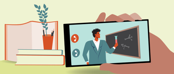 School or college student's workplace, flat vector stock illustration with desk, books and phone for training