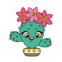 Cute cartoon cacti with flowers in a pot color variation for coloring page on white background