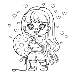 Cute cartoon longhaired girl with a big polka dot balloon outlined for coloring page on white background