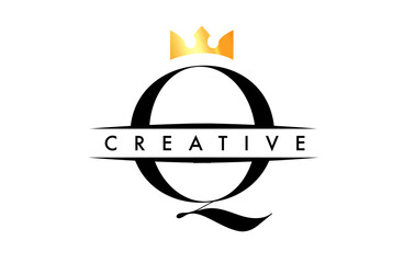Q Letter Logo with Creative Crown Design Icon and Golden Colors Vector