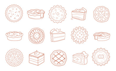Line pie dessert. Sweet rural bakery filling with sliced fruits and berries, cake tart and cheesecake pastry pieces drawing. Vector doodle set