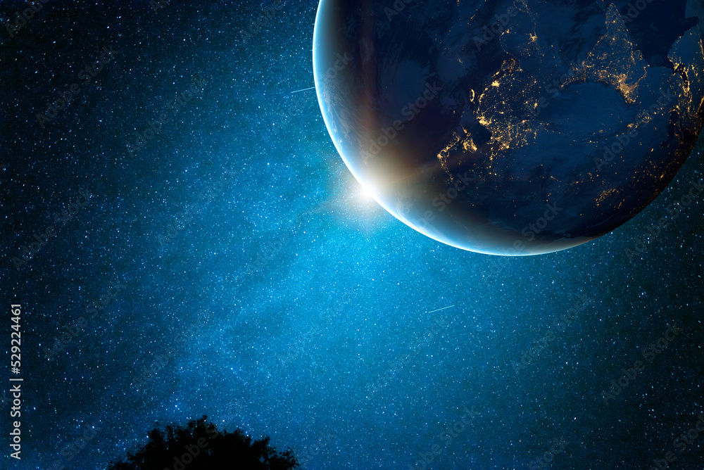 Wall mural starry sky and planet earth in open space. elements of this image furnished by nasa.