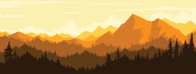Sunrise in the mountains. Vector banner poster background image.