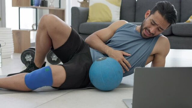 Medicine ball, Russian workout or exercise with man tired at home, house or living room. Fitness, health and sports training athlete exhausted after exercising and building core muscles for wellness.