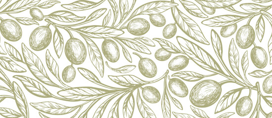 Oliva, green fruit, vintage pattern. Vector branch