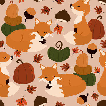 cute abstract fall autumn season seamless vector pattern background illustration with adorable cartoon character fox pumpkins, leaves, acorns and chestnuts