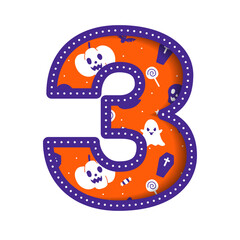 Cute Happy Halloween Number 3 Three Numeral Numeric Party Font Character Cartoon Spooky Horror Colorful Paper Cutout Type design celebration vector Illustration Skull Pumpkin Bat Witch Hat Spider Web