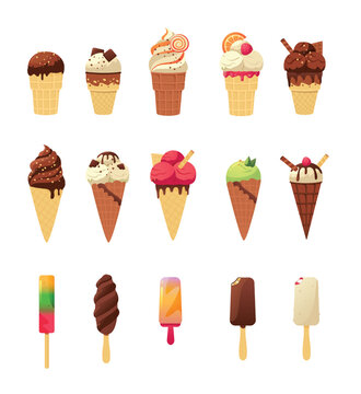 Cartoon ice cream. Cute colorful summer sweet cold dessert of various shapes in cons on sticks with topping and fruits. Vector isolated cold fast food set