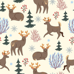 Seamless pattern with deers, fir trees, bushes on a white background. Vector graphics.