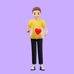 Raster illustration of man holds a glass with a heart in his hands. Love, relationship, friendship, valentine's day, like, rate, glassmorphism. 3d rendering artwork for business and advertising