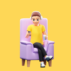 Raster illustration of man resting in a chair. A young guy in a yellow tshirt sits on a sofa in headphones with a phone and drinks a hot drink in a cardboard cup. 3d rendering artwork for business