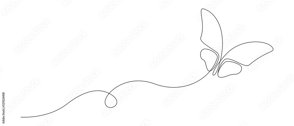 Poster butterfly in one continuous line drawing. beautiful flying moth for wellbeing beauty or spa salon lo