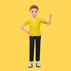 Raster illustration of man thinking about the problem. Young guy in a yellow tshirt found a solution to the problem, idea, inspiration, pump your brain, creative thinking. 3d rendering artwork