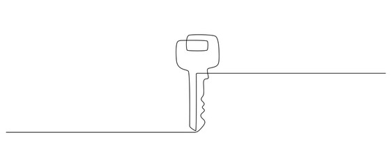 One continuous line drawing of house key. Real estate and password and security concept in simple sketch style. Editable stroke. Doodle vector illustration