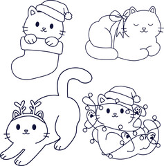 Animals coloring page. Cute kittens. Set of Christmas kittens. kitten in a Christmas sock. The cat is entangled in a garland. Cat with deer antlers. Cat with red bow