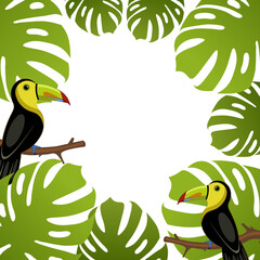 Frame with tropical leaves vector. Palm leaves and toucans. Exotic botanical design and space for text or image. Tropical template layout with monstera and birds.  © sleptsova