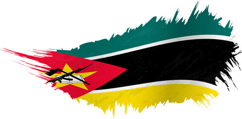 Flag of Mozambique in grunge style with waving effect. - obrazy, fototapety, plakaty