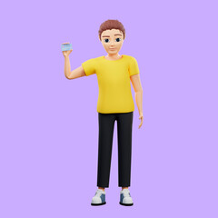 Raster illustration of man with bank card. Young guy in a yellow tshirt holding a card, contactless payment, internet banking, terminal, money, purchase, shopping. 3d rendering artwork