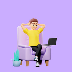Raster illustration of man worhing in a chair. Young guy in a yellow tshirt sits on the phone, relaxes, social networks, surf the Internet. Relax concept. 3d rendering artwork for business
