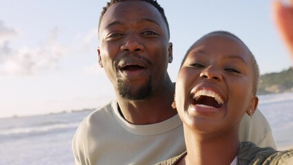 Selfie, love and black influencer couple on beach vacation or holiday while vlogging and streaming travel journey together. Happy and excited man and woman waving while enjoying a vacation by the sea