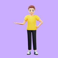 Raster illustration of man pointing to the side with his hand in full growth. A young guy in a yellow tshirt indicates the direction with palm, right, left, destination, route. 3d rendering artwork