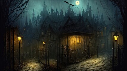 Fototapeta na wymiar Dark scary street with ancient houses and lanterns, Halloween background. Foggy night. Darkness, fear, neon. Pumpkins. 3D illustration.