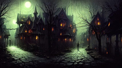 Dark scary street with ancient houses and lanterns, Halloween background. Foggy night. Darkness, fear, neon. Pumpkins. 3D illustration.
