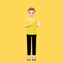 Raster illustration of man shows and clicks on the phone screen. Young guy in a yellow tshirt sits on smartphone, nigth work, relaxes, social networks, surf the Internet. 3d rendering artwork